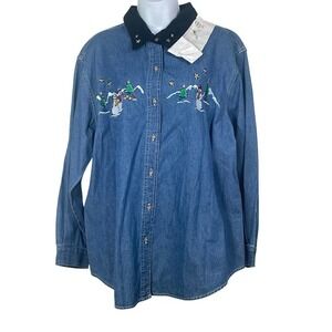 VTG Basic Editions Holiday Denim Shirt Snowman Embroidered Velvet Collar‎ 16W